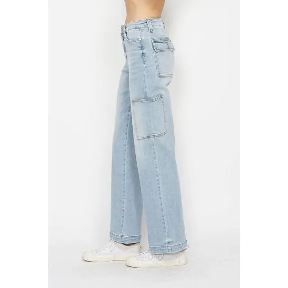 Judy Blue High Rise Waist Cargo Pockets Zip Fly Light Wash Straight Denim Jeans