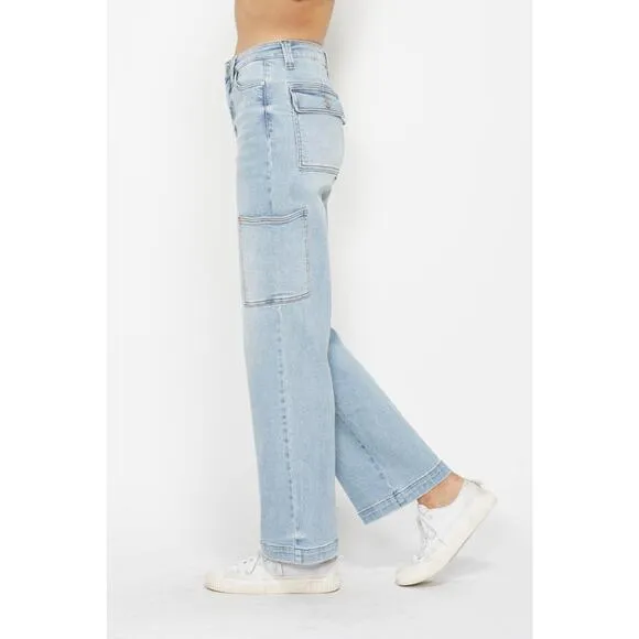 Judy Blue High Rise Waist Cargo Pockets Zip Fly Light Wash Straight Denim Jeans