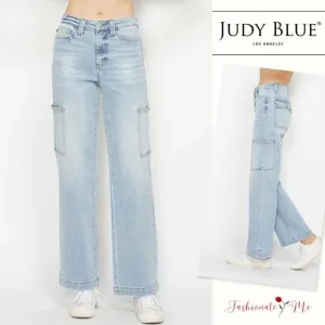 Judy Blue High Rise Waist Cargo Pockets Zip Fly Light Wash Straight Denim Jeans