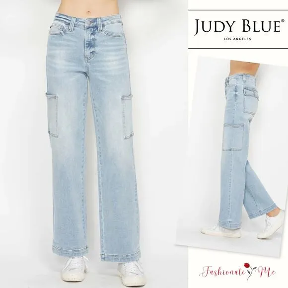 Judy Blue High Rise Waist Cargo Pockets Zip Fly Light Wash Straight Denim Jeans