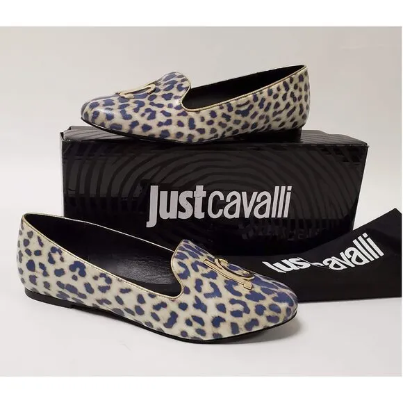 JUST CAVALLI BY ROBERTO CAVALLI SHOES LOAFERS LEOPARD PRINT LOGO DETAIL 39 / 8