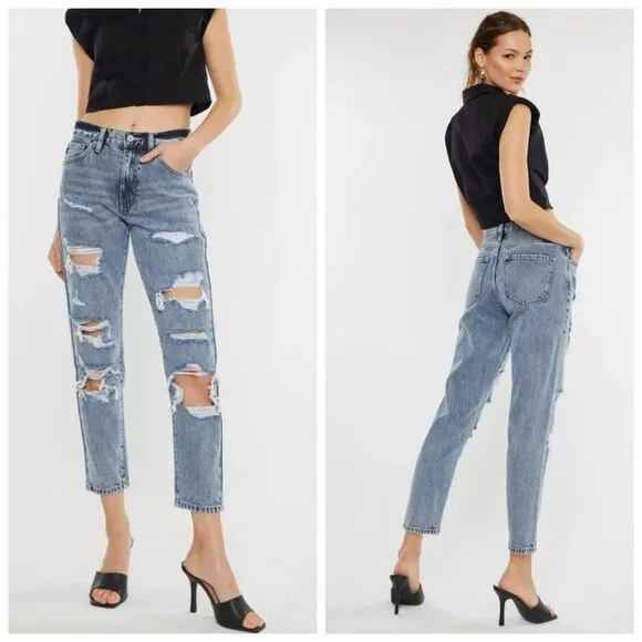 KanCan Karen High Rise Mom Distressed Denim Cropped Jeans 13/30 NWT