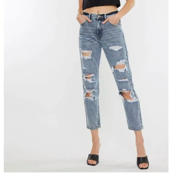 KanCan Karen High Rise Mom Distressed Denim Cropped Jeans 13/30 NWT