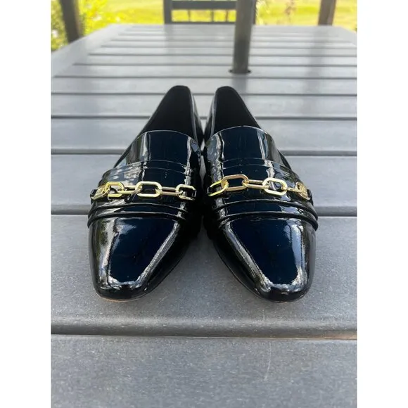 Karl Lagerfeld Nikki Women Black Patented Leather Chain Loafer Shoe Women Size 8