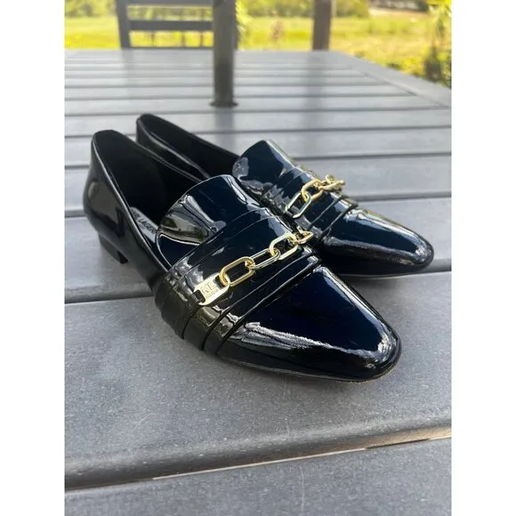 Karl Lagerfeld Nikki Women Black Patented Leather Chain Loafer Shoe Women Size 8