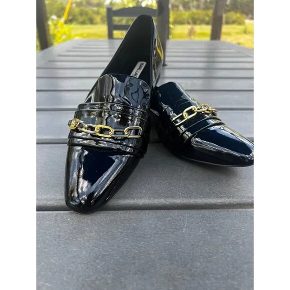 Karl Lagerfeld Nikki Women Black Patented Leather Chain Loafer Shoe Women Size 8