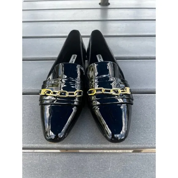Karl Lagerfeld Nikki Women Black Patented Leather Chain Loafer Shoe Women Size 8