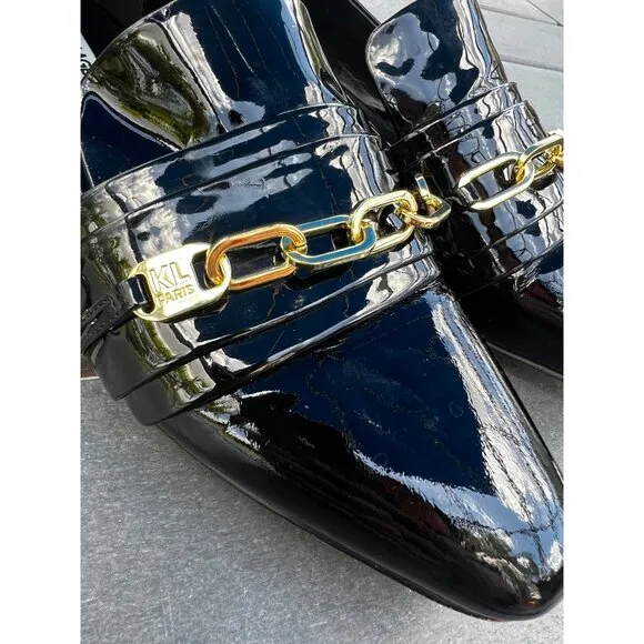 Karl Lagerfeld Nikki Women Black Patented Leather Chain Loafer Shoe Women Size 8