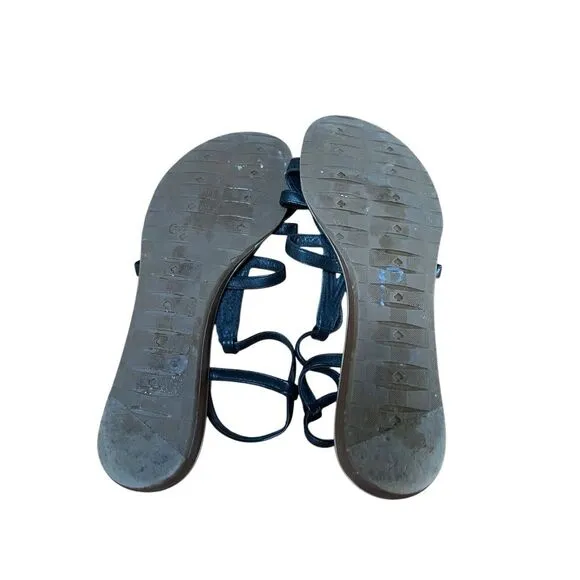 Kate Spade Black &amp; Gold Leather Eiffel Tower Strap Flat Sandals Size 8 1/2 M