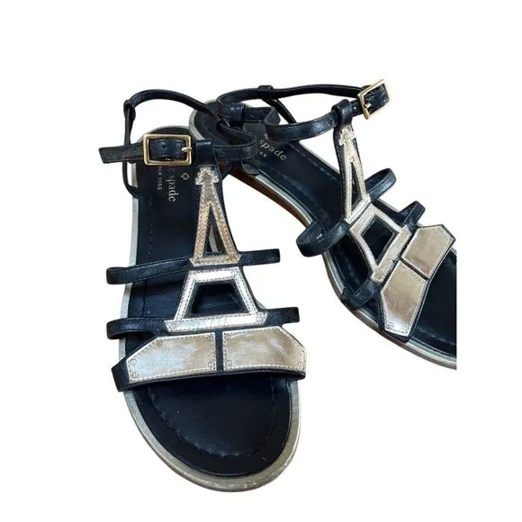 Kate Spade Black &amp; Gold Leather Eiffel Tower Strap Flat Sandals Size 8 1/2 M