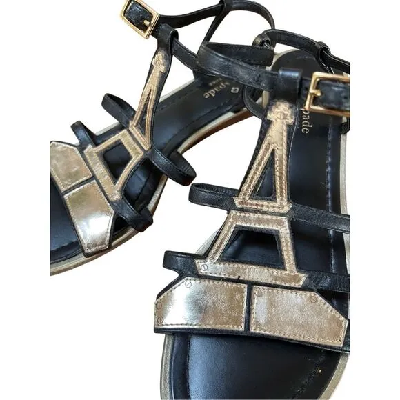 Kate Spade Black &amp; Gold Leather Eiffel Tower Strap Flat Sandals Size 8 1/2 M