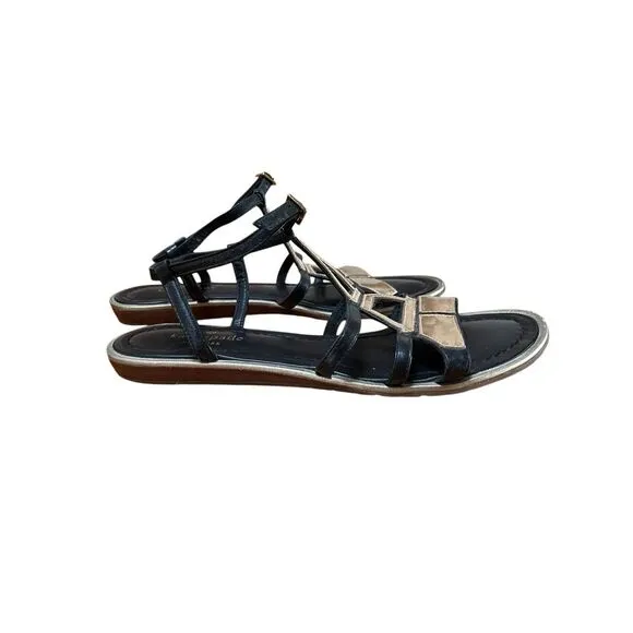 Kate Spade Black &amp; Gold Leather Eiffel Tower Strap Flat Sandals Size 8 1/2 M