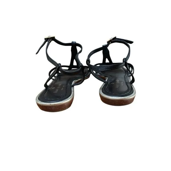 Kate Spade Black &amp; Gold Leather Eiffel Tower Strap Flat Sandals Size 8 1/2 M
