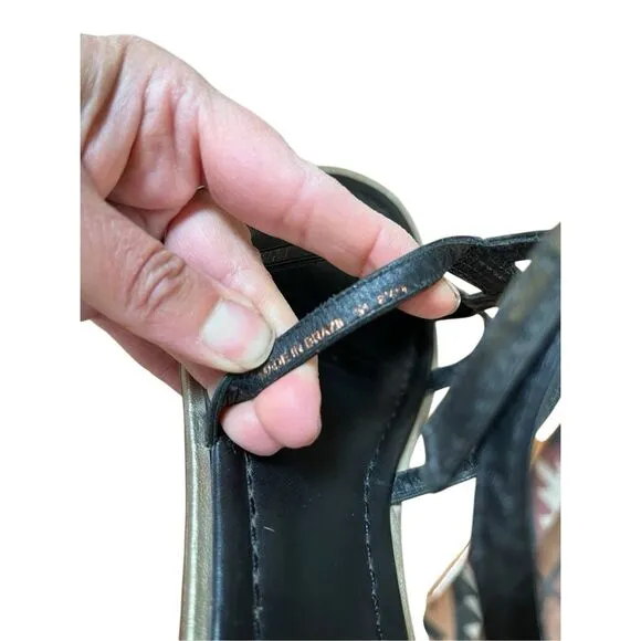 Kate Spade Black &amp; Gold Leather Eiffel Tower Strap Flat Sandals Size 8 1/2 M