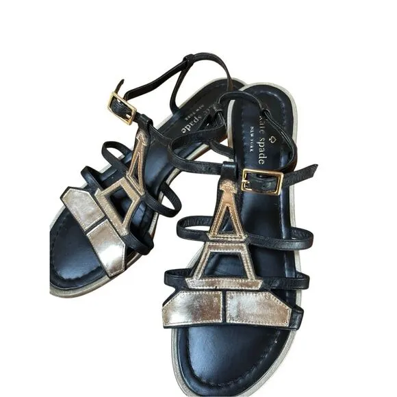 Kate Spade Black &amp; Gold Leather Eiffel Tower Strap Flat Sandals Size 8 1/2 M
