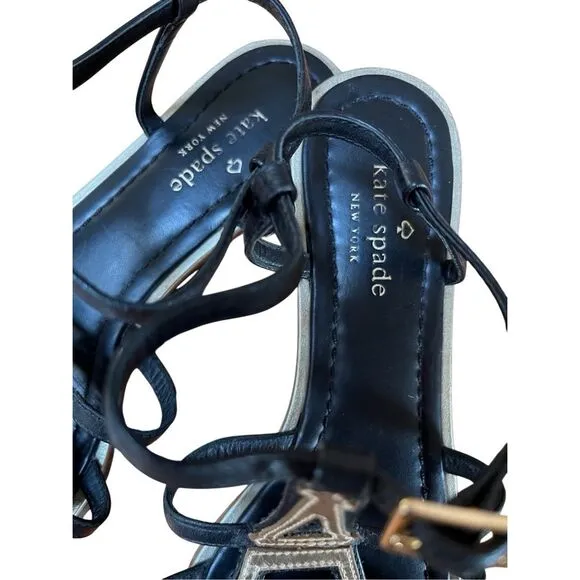 Kate Spade Black &amp; Gold Leather Eiffel Tower Strap Flat Sandals Size 8 1/2 M