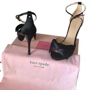 Kate Spade Bridal Bow Satin Black Ankle Wrap Stiletto Heels W/ Dust Bag Sz 7 NIB