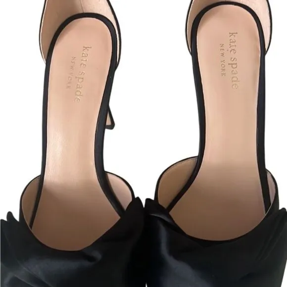 Kate Spade Bridal Bow Satin Black Ankle Wrap Stiletto Heels W/ Dust Bag Sz 7 NIB