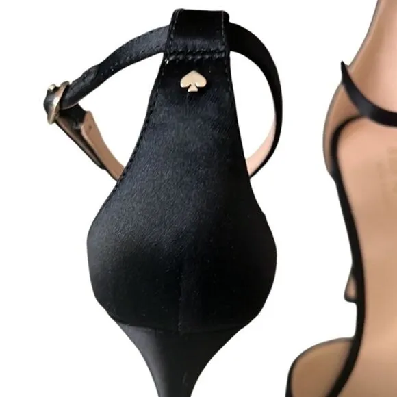 Kate Spade Bridal Bow Satin Black Ankle Wrap Stiletto Heels W/ Dust Bag Sz 7 NIB