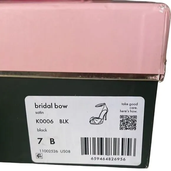 Kate Spade Bridal Bow Satin Black Ankle Wrap Stiletto Heels W/ Dust Bag Sz 7 NIB