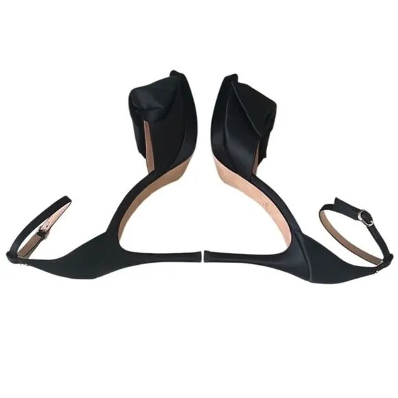 Kate Spade Bridal Bow Satin Black Ankle Wrap Stiletto Heels W/ Dust Bag Sz 7 NIB