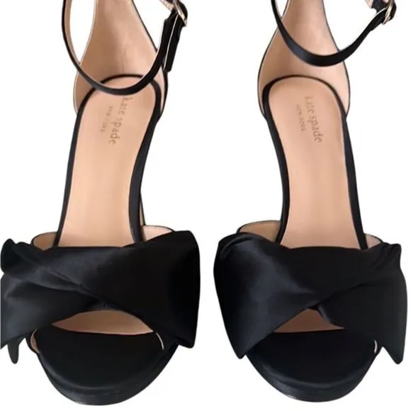 Kate Spade Bridal Bow Satin Black Ankle Wrap Stiletto Heels W/ Dust Bag Sz 7 NIB