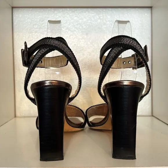 Kate Spade New York Gunmetal Black Open Toe Ankle Wrap Block Heel Sandals