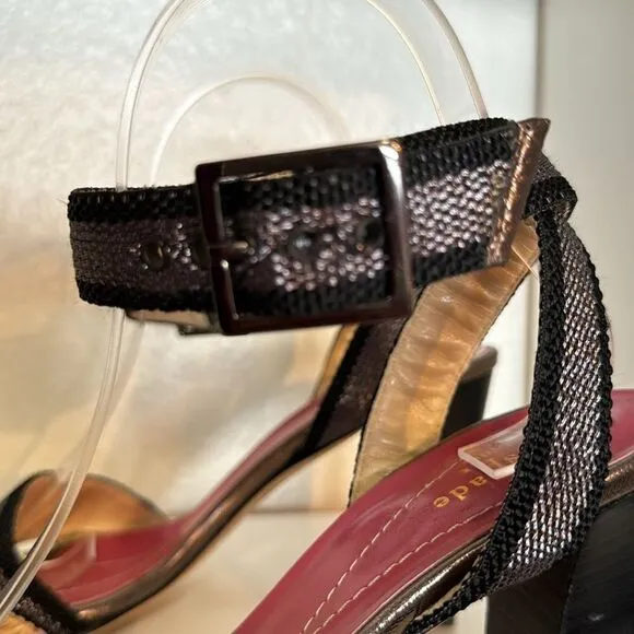 Kate Spade New York Gunmetal Black Open Toe Ankle Wrap Block Heel Sandals