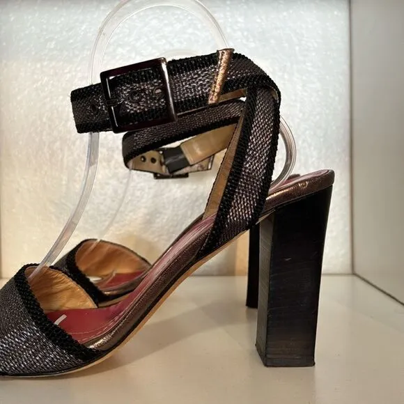 Kate Spade New York Gunmetal Black Open Toe Ankle Wrap Block Heel Sandals