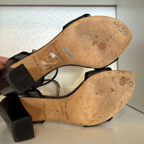 Kate Spade New York Gunmetal Black Open Toe Ankle Wrap Block Heel Sandals