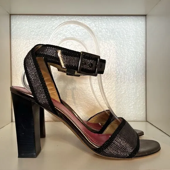Kate Spade New York Gunmetal Black Open Toe Ankle Wrap Block Heel Sandals