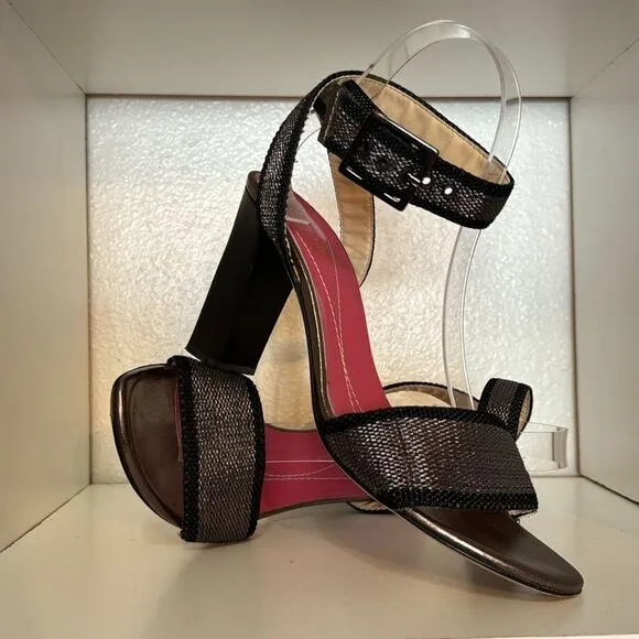 Kate Spade New York Gunmetal Black Open Toe Ankle Wrap Block Heel Sandals