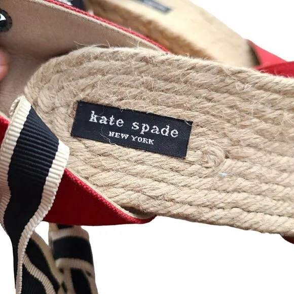 Kate Spade Red Black White Espadrille Wedge Ankle Wrap Sandals Made in Spain