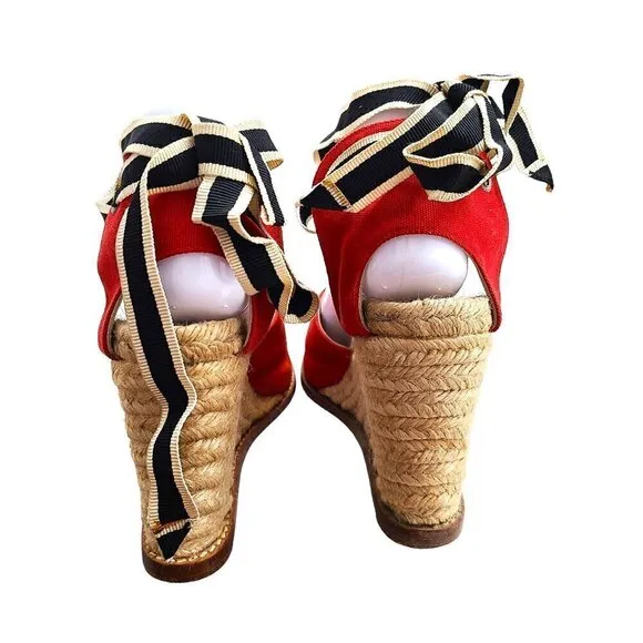 Kate Spade Red Black White Espadrille Wedge Ankle Wrap Sandals Made in Spain