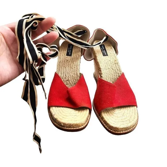 Kate Spade Red Black White Espadrille Wedge Ankle Wrap Sandals Made in Spain
