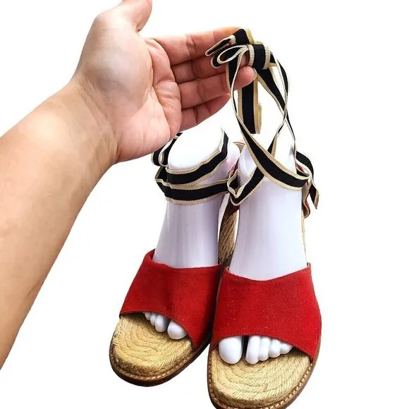 Kate Spade Red Black White Espadrille Wedge Ankle Wrap Sandals Made in Spain