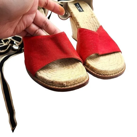 Kate Spade Red Black White Espadrille Wedge Ankle Wrap Sandals Made in Spain