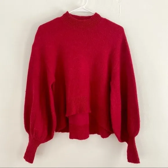 KEEPSAKE The Label Red Balloon Sleeve Mock Neck Wool Blend Sweater High Low