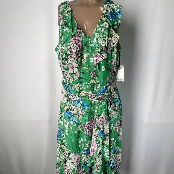 Kensie Women's Floral Wrap Dress Green Size 10 – Sleeveless V-Neck Knee-Length