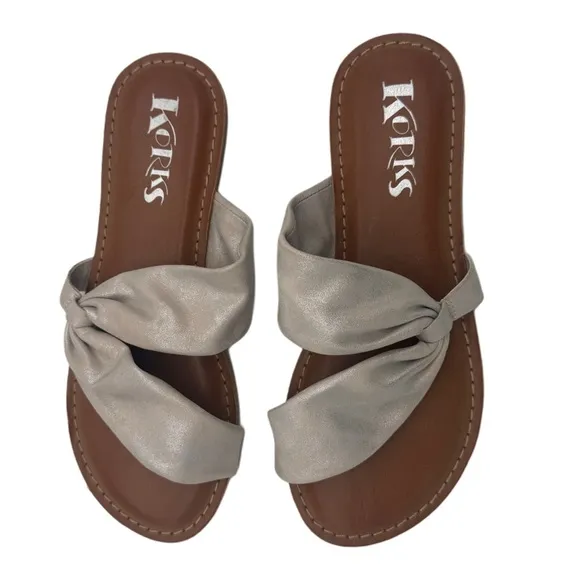 Kork-Ease Khela20 Silver Pink Metallic Flat Sandals with Twisted Strap
