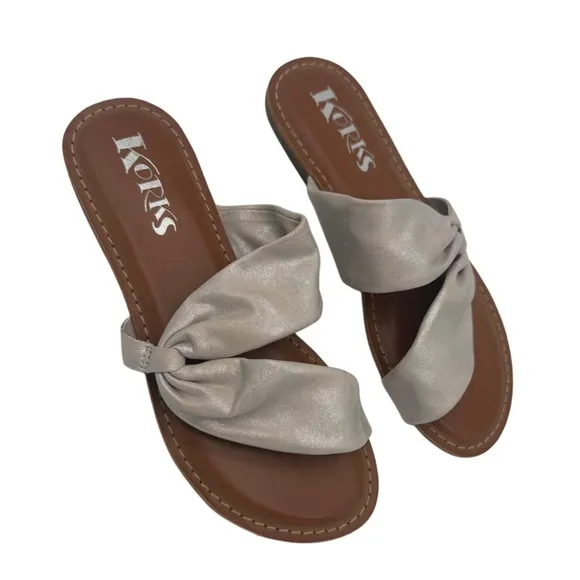 Kork-Ease Khela20 Silver Pink Metallic Flat Sandals with Twisted Strap