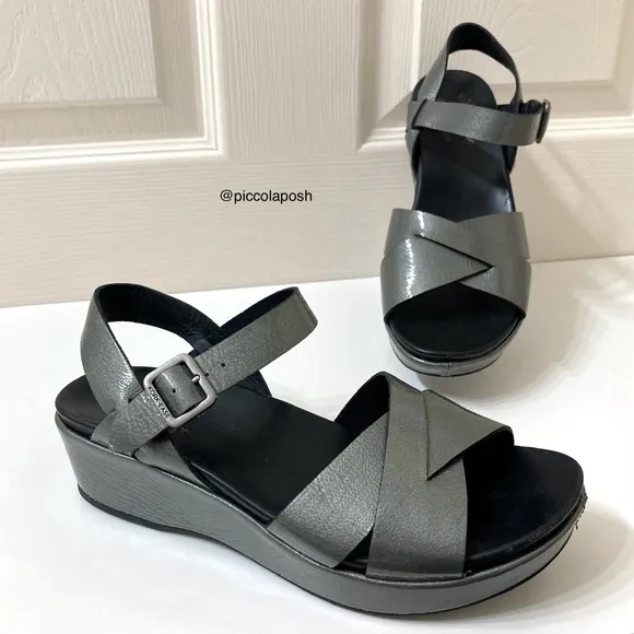 Kork-Ease Myrna 2.0 Metallic Gray Ankle Strap Platform Wedge Sandals 7 Summer