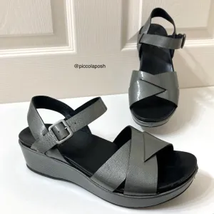 Kork-Ease Myrna 2.0 Metallic Gray Ankle Strap Platform Wedge Sandals 7 Summer