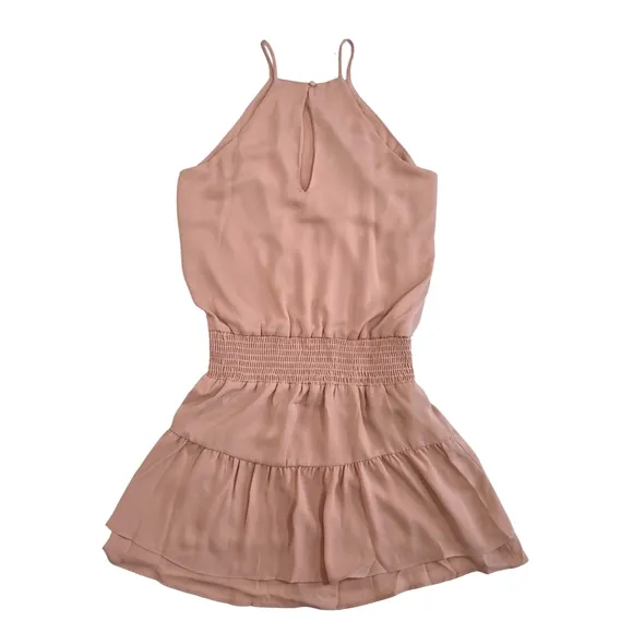 Krisa Revolve Halter Mini Dress Nude Mauve Smocked-Waist Tiered Size Small