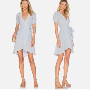 L’Academie Hi-Low Hem Blue White Nautical Striped Short Sleeve Wrap Mini Dress M