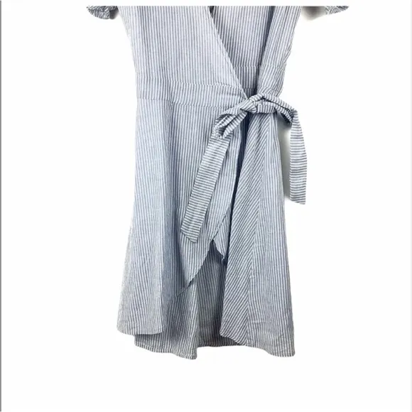 L’Academie Hi-Low Hem Blue White Nautical Striped Short Sleeve Wrap Mini Dress M