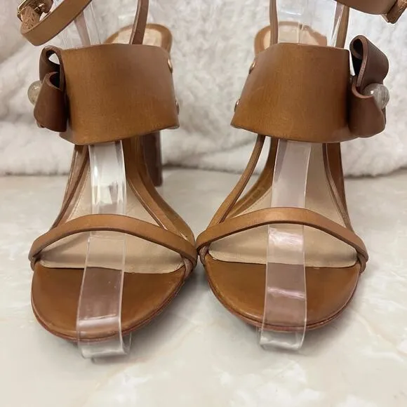 L.A.M.B Brown Tan Leather Flower Ankle Wrap Stiletto Heeled Sandal Womens 9.5 US