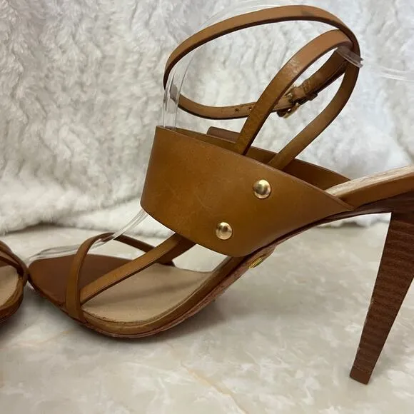 L.A.M.B Brown Tan Leather Flower Ankle Wrap Stiletto Heeled Sandal Womens 9.5 US