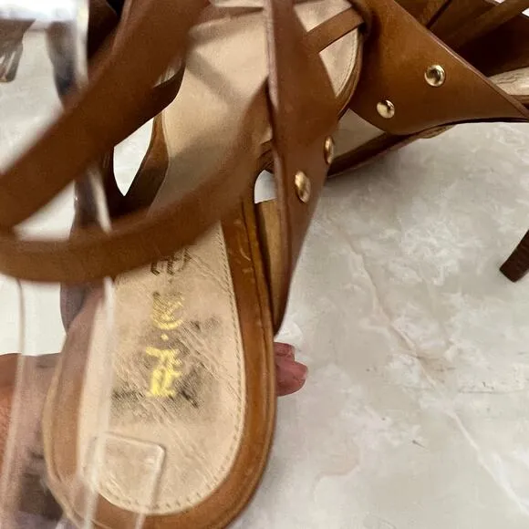L.A.M.B Brown Tan Leather Flower Ankle Wrap Stiletto Heeled Sandal Womens 9.5 US