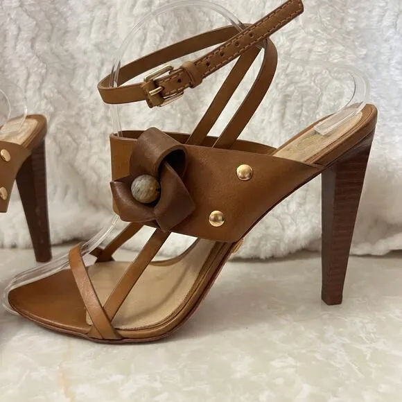 L.A.M.B Brown Tan Leather Flower Ankle Wrap Stiletto Heeled Sandal Womens 9.5 US